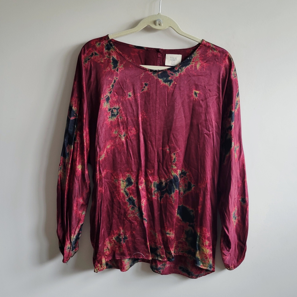 Tina Jo Hand Dyed Satin Tie Dye Blouse In Burgundy